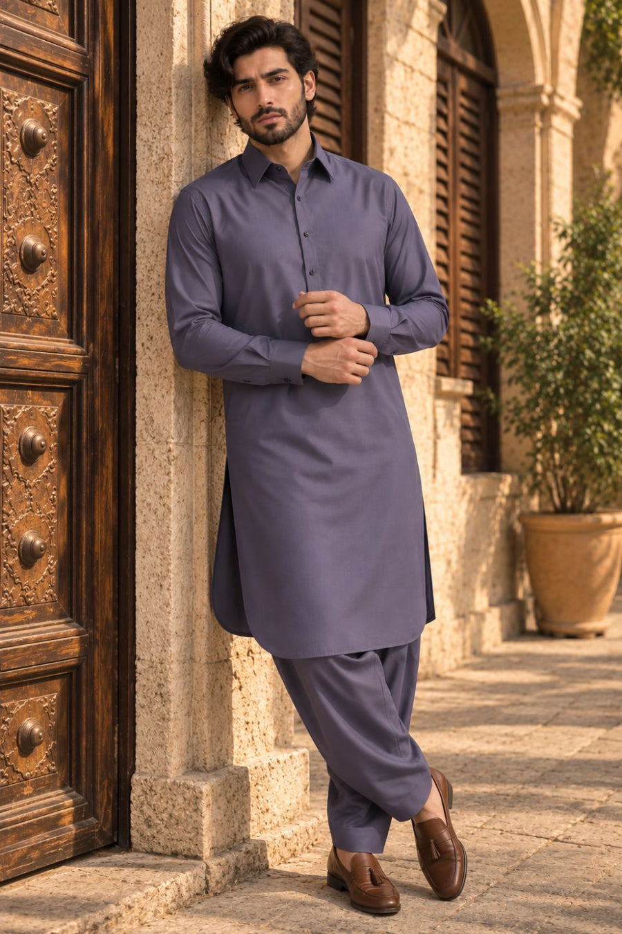 Muave Gray Textured Kameez Shalwar