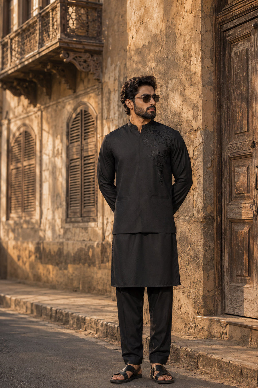 Black Dobby Embroidered Waistcoat