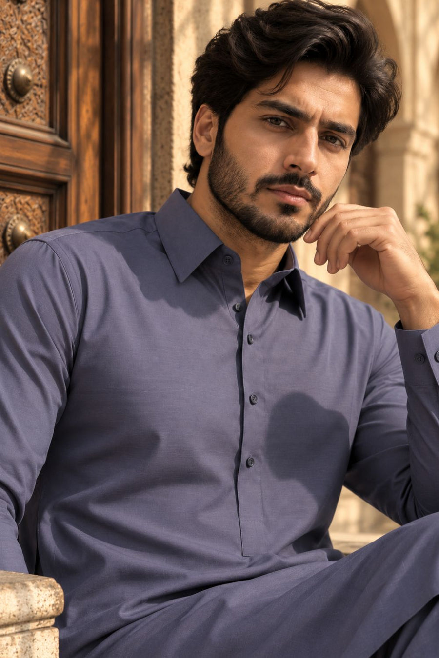 Muave Gray Textured Kameez Shalwar