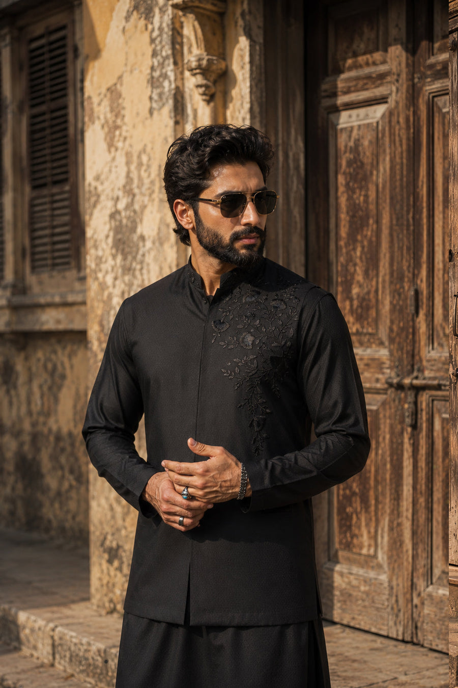 Black Dobby Embroidered Waistcoat