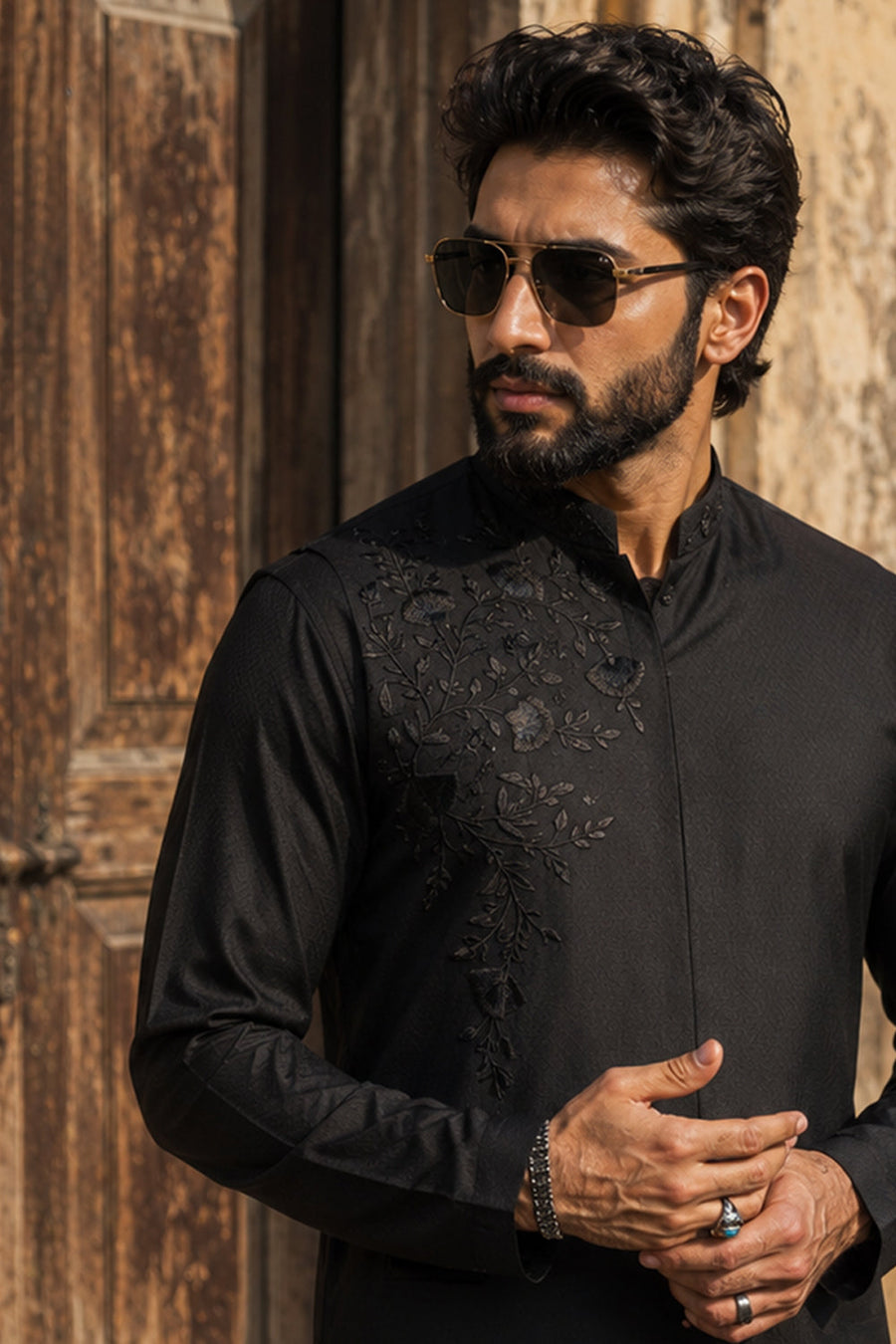 Black Dobby Embroidered Waistcoat