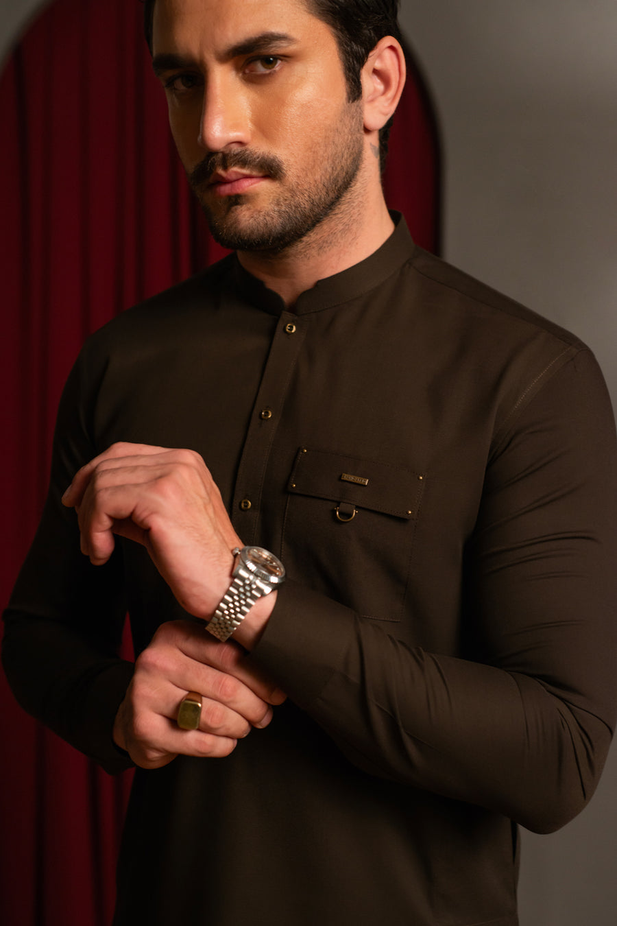 Espresso Brown Dobby Designer Kameez Shalwar
