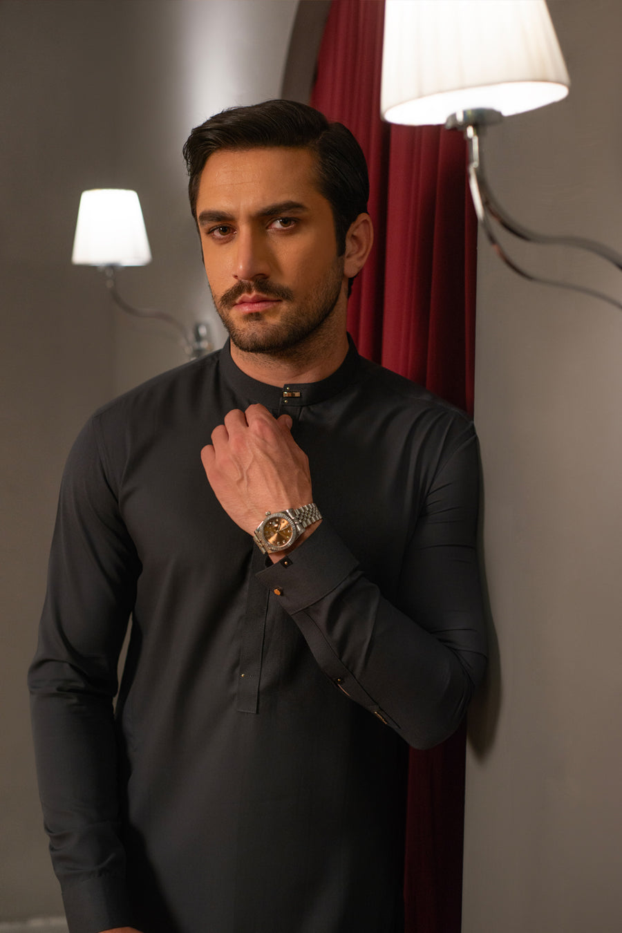 Charcoal Gray Dobby Designer Kameez Shalwar