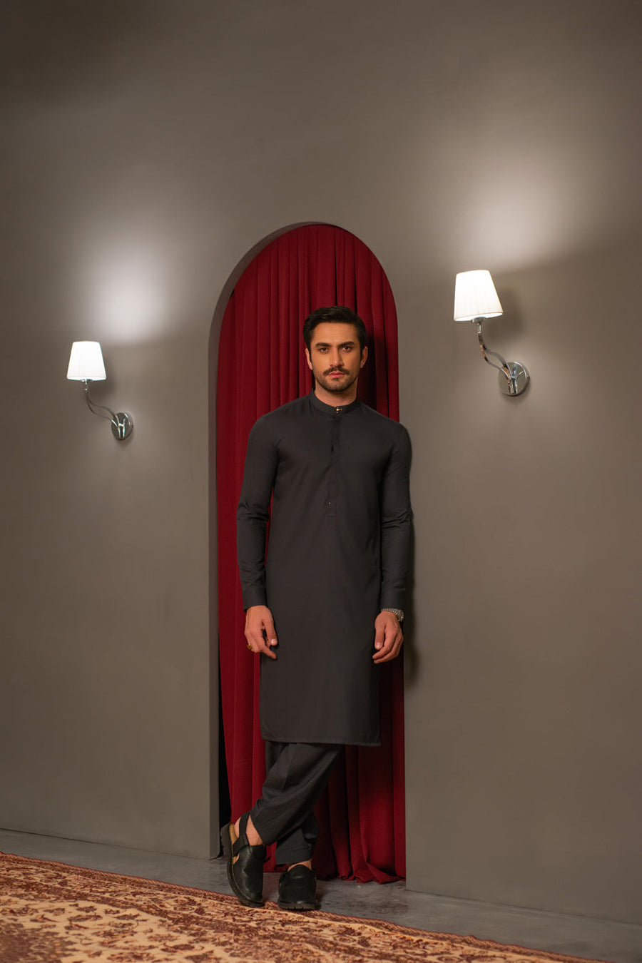 Charcoal Gray Dobby Designer Kameez Shalwar