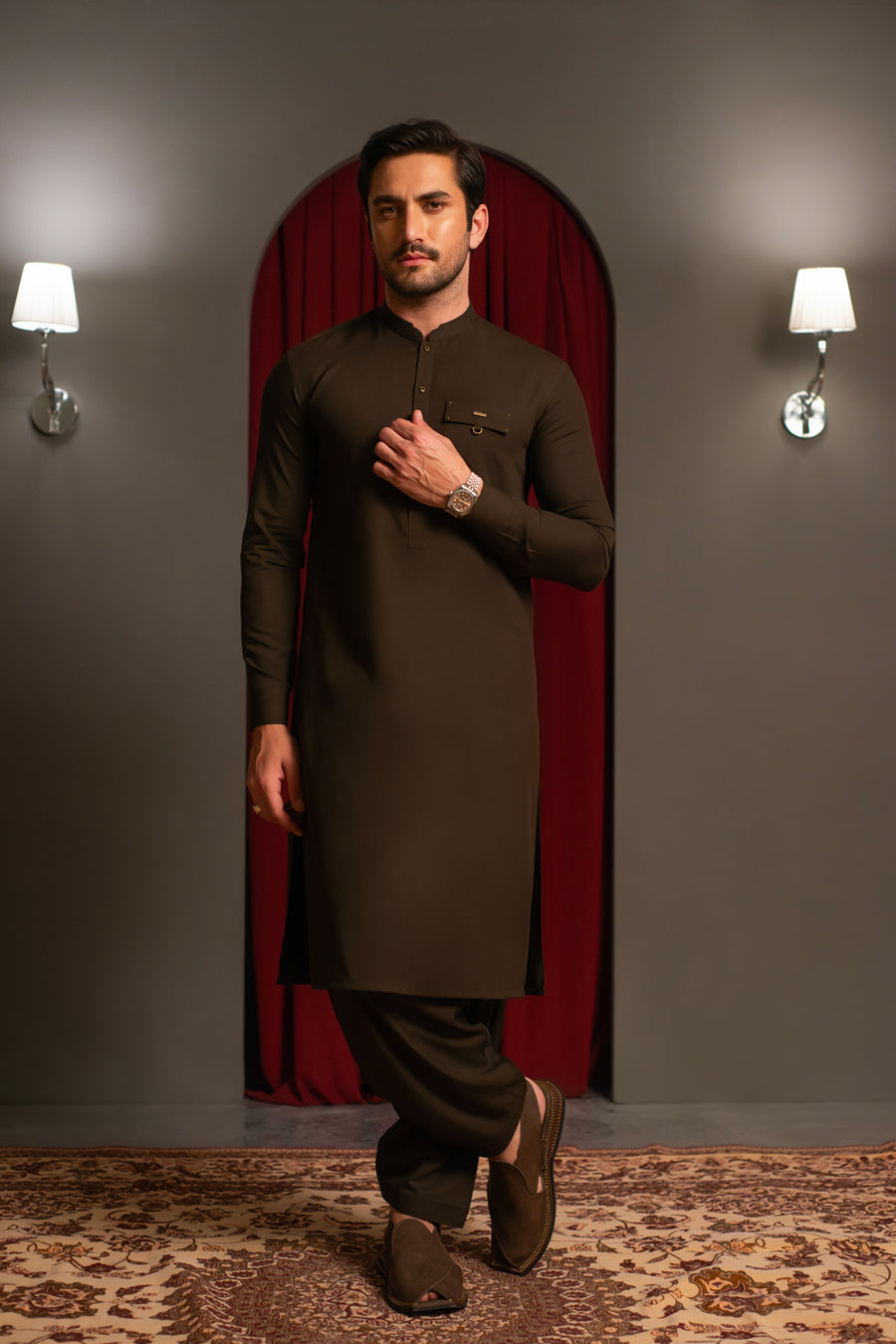 Espresso Brown Dobby Designer Kameez Shalwar