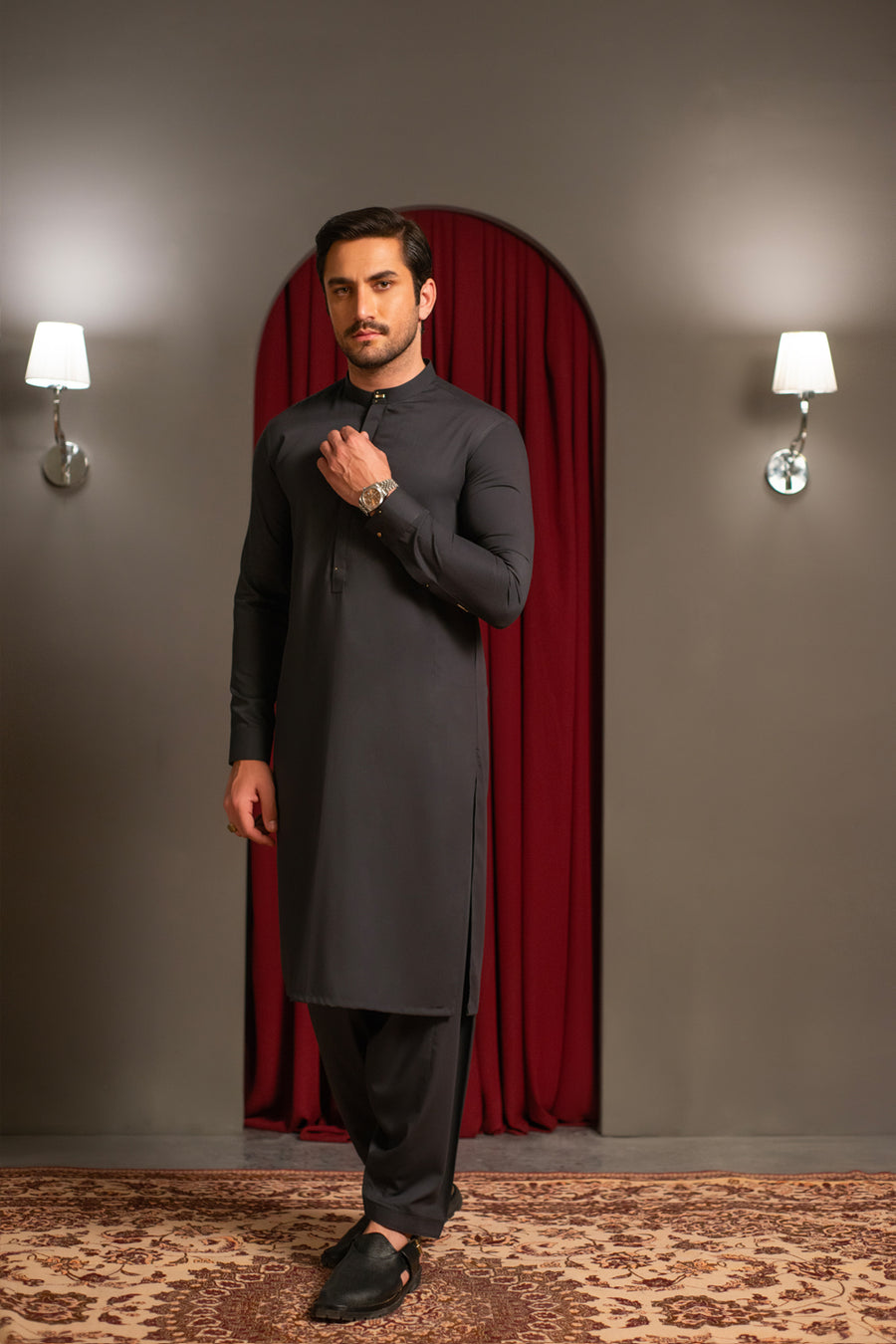 Charcoal Gray Dobby Designer Kameez Shalwar