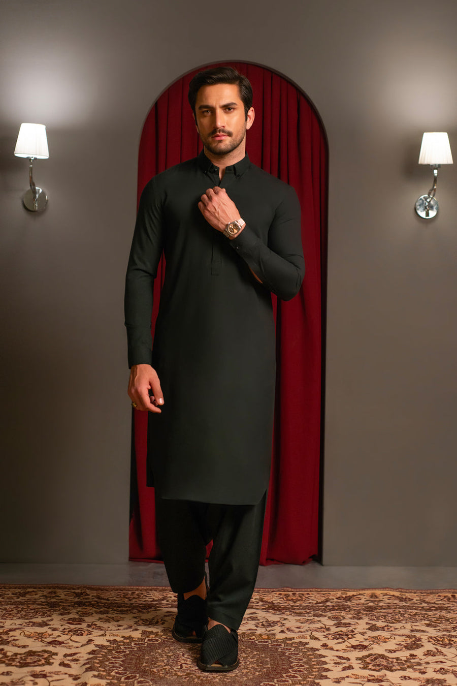 Dark Bottle Green Dobby Designer Kameez Shalwar