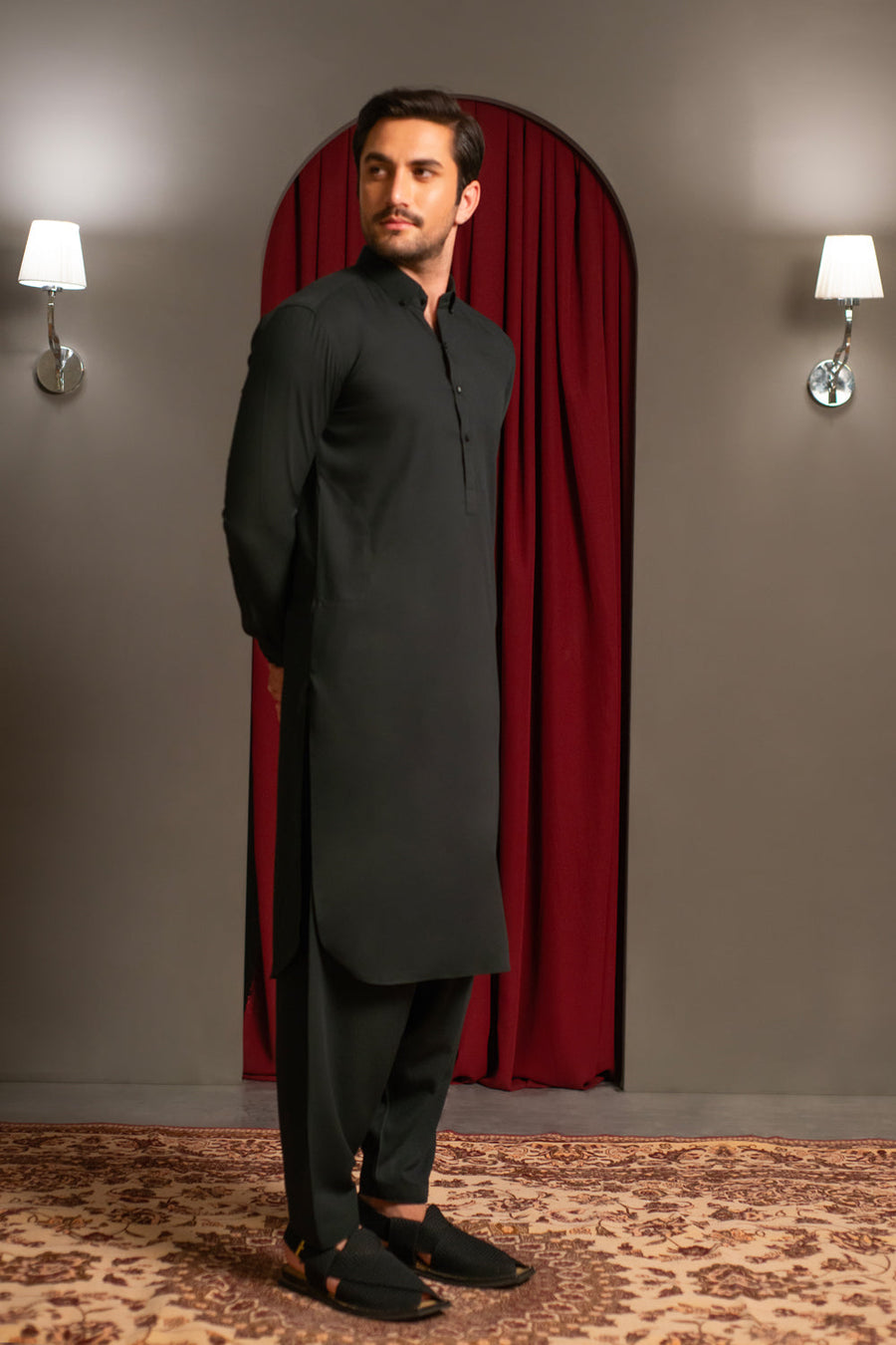 Dark Bottle Green Dobby Designer Kameez Shalwar