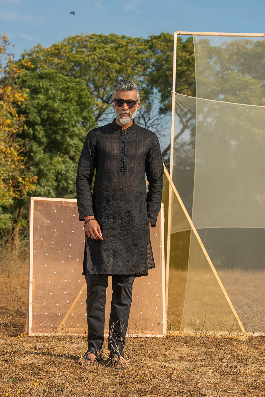 Black Schiffli Kurta Pajama