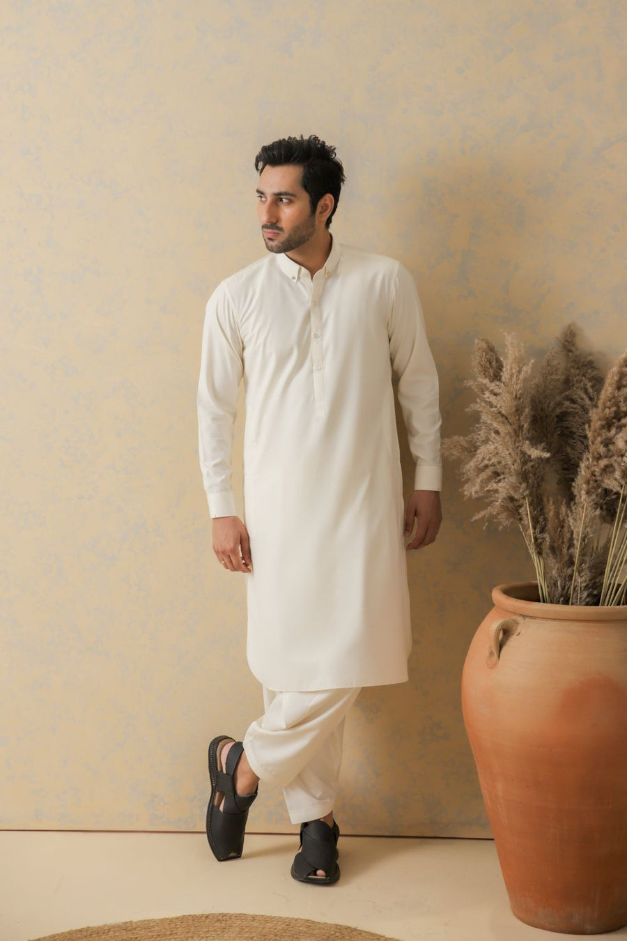 Cream Self Textured Kameez Shalwar